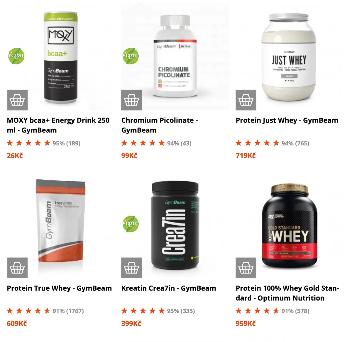 Sekce sportovní výživy na e-shopu GymBeam s proteiny a doplňky