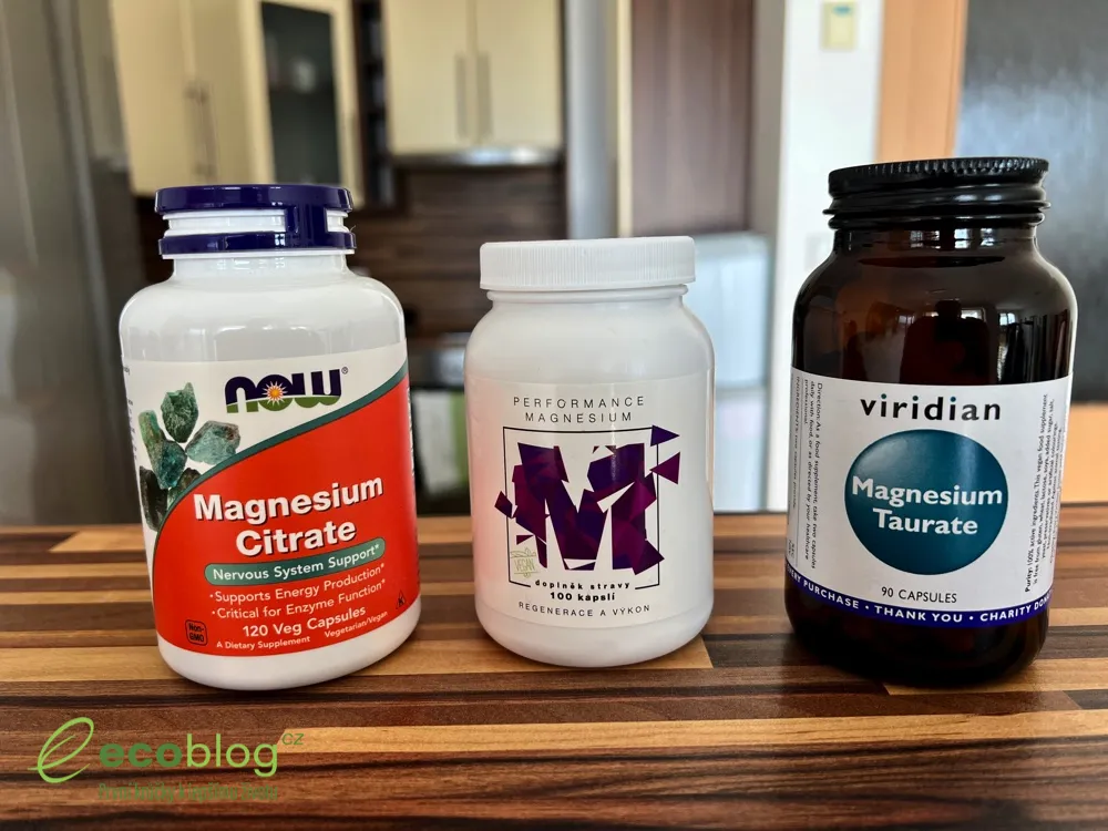 Hořčíky z testu: NOW Magnesium Citrate, Performance Magnesium a Viridian Magnesium Taurate